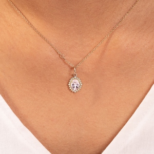 Bloemen morganiethanger, natuurlijke roze morganiet bruidsketting, 14 kt massief goud, statement sieraden, halo diamanten hanger, ovaal geslepen ketting