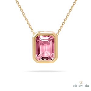 Emerald Cut Pink Tourmaline Necklace,14k Solid Gold Floating Pendant,Minimalist October Birthstone Jewelry,Solitaire Tourmaline Necklace