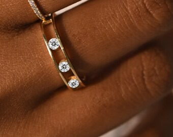 Modern Moissanite Bar Ring, 14k Gold Minimalist Ring, Geometric Stacking Ring, Everyday Wear, Gift for Him or Her, Moissanite Women's Ring
