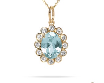 Floral Blau Aquamarin Anhänger, 18k Solid Gold Oval Anhänger, Diamant Halo Anhänger, etwas Blau, Lünette Set, März Birthstone, Geschenk für die Liebe