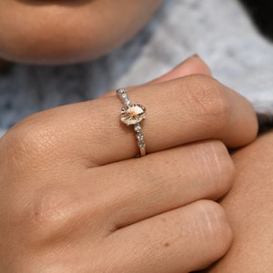 Elegant Sunstone Petite Ring, 18k Diamond Band, Rose Gold Solitaire Ring, Oval Sunstone Art Deco Ring, Minimalist Women Jewelry, For Gift