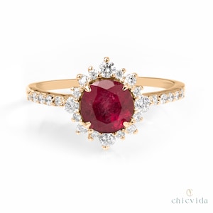 Genuine Ruby Halo Floral Ring, Round Pink Engagement Ring, 14k Solid Gold Jewelry, Pigeon Blood Ruby, Cluster Diamond Fine Stone Ring Gift