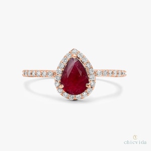 Elegant Pear Ruby Halo Ring, Pink Engagement Ring, Diamond Halo White Gold Women Ring, July Birthstone, Vintage Style Minimalist Ring Gift