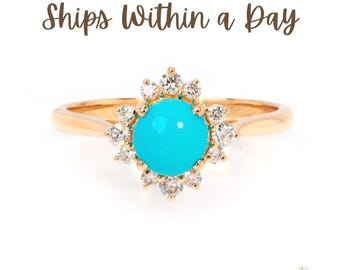 Klaar voor verzending gouden turkooizen ring/natuurlijke diamanten halo/gele gouden trouwring/diamanten verlovingsring/Doornroosje natuurlijk turkoois