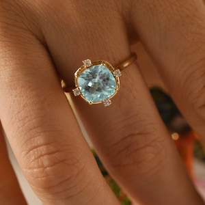 Precious Aquamarine Ring,14k Rose Gold,Cushion Cut Engagement Ring,Diamond Accented,Art Deco Proposal Ring,Blue Gemstone Ring,Gift for Bride