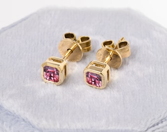 Asscher Cut Pink Tourmaline Studs,Natural Tourmaline Earrings,14k Gold Earrings,Dainty Studs Earrings,Minimalist Jewelry,October Birthstone