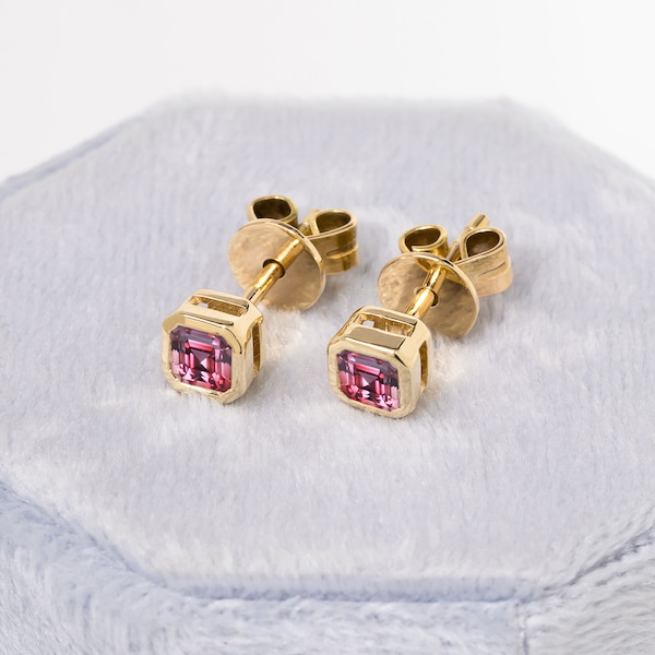 Asscher Cut Pink Tourmaline Studs,Natural Tourmaline Earrings,14k Gold Earrings,Dainty Studs Earrings,Minimalist Jewelry,October Birthstone