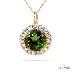 Yellow Gold 2ct Green Tourmaline Halo Pendant, Round Green Gemstone Wedding Necklace, 14k Diamond Charm Pendant, Thanks Giving Gift For Wife