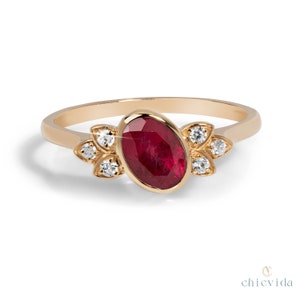 Unique Ruby Wedding Engagement Ring, Cluster Diamond 18k Promise Ring, Bezel Set Yellow Gold Ring, Handmade Anniversary Jewelry, July Gift