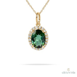 Green Tourmaline Halo Pendant, 14k Solid Gold Diamond Pendant, Green Pendant, Oval Gemstone, Prong Set Pendant, Push Present, Gift For Wife