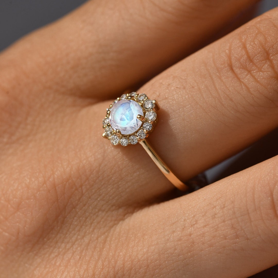 Moonstone Halo Engagement Ring rainbow Moonstone Diamond Ring round Engagement Ring diamond Halo Ring anniversary Gift 14k Gold Ring Etsy Canada