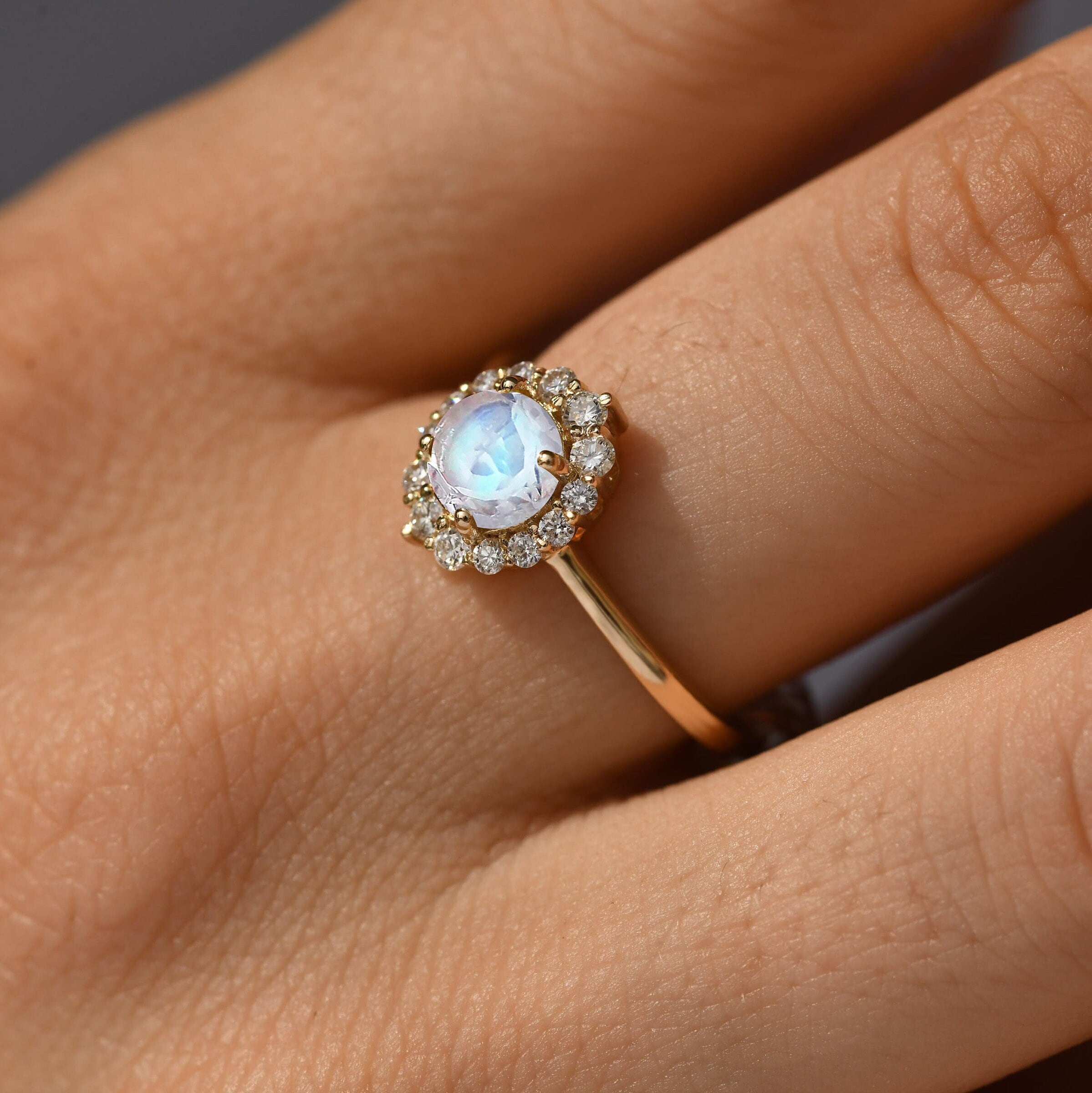 7x5MM Oval Moonstone and Diamond Ring