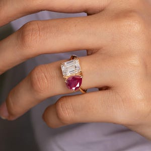 Double Stone Ruby Diamond Ring, 18k Toi Et Moi Yellow Gold Ring, Engagement Ring, Emerald-Pear-Cut Promise Ring,Unique Birthday Gift For Her