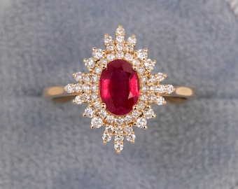Luxurious Ruby Bridal Ring/Double Halo Moissanite Ring/July Birthstone Ring/14k Solid Gold/Oval Cut Ruby Engagement Ring/Anniversary Gift