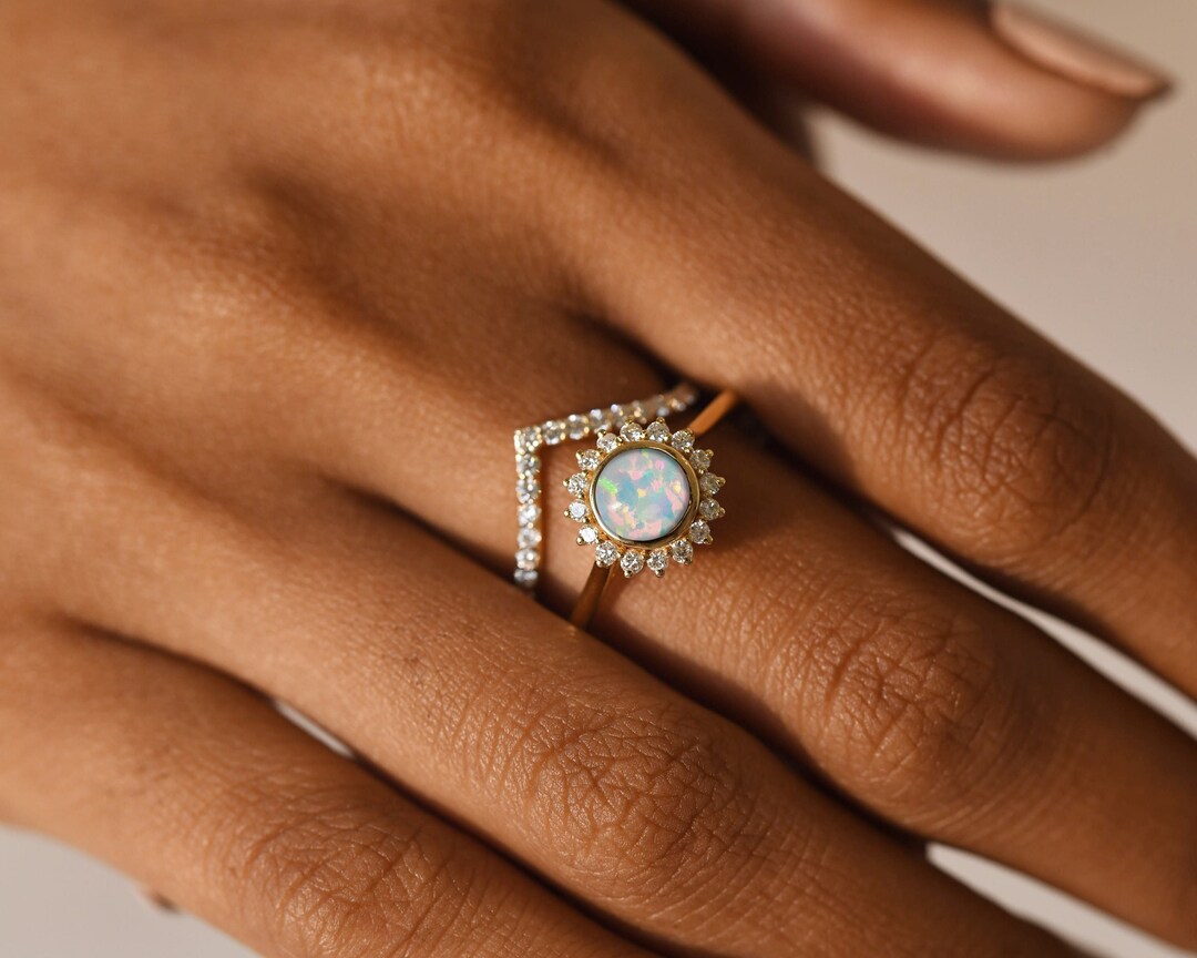 Natural Opal Engagement Ring Set, Sunburst Halo Opal Ring With