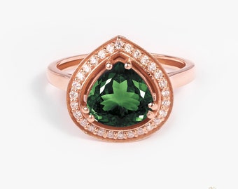 Trillion Cut Engagement Ring,Natural Green Tourmaline,14k/18k Gold,Triangle Shape Halo Diamond Ring,Unique Cocktail Bridal Ring,Gift for Mom