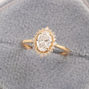 Anello di proposta con diamante ovale ecologico certificato IGI, anello di anniversario con diamante da 1 carato, anello di fidanzamento con alone semplice, anello di nozze da 14k
