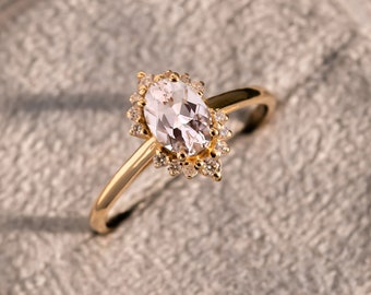 Genuine Morganite Halo Ring, Oval Pink Gemstone, 14k Gold Handmade Engagement Ring