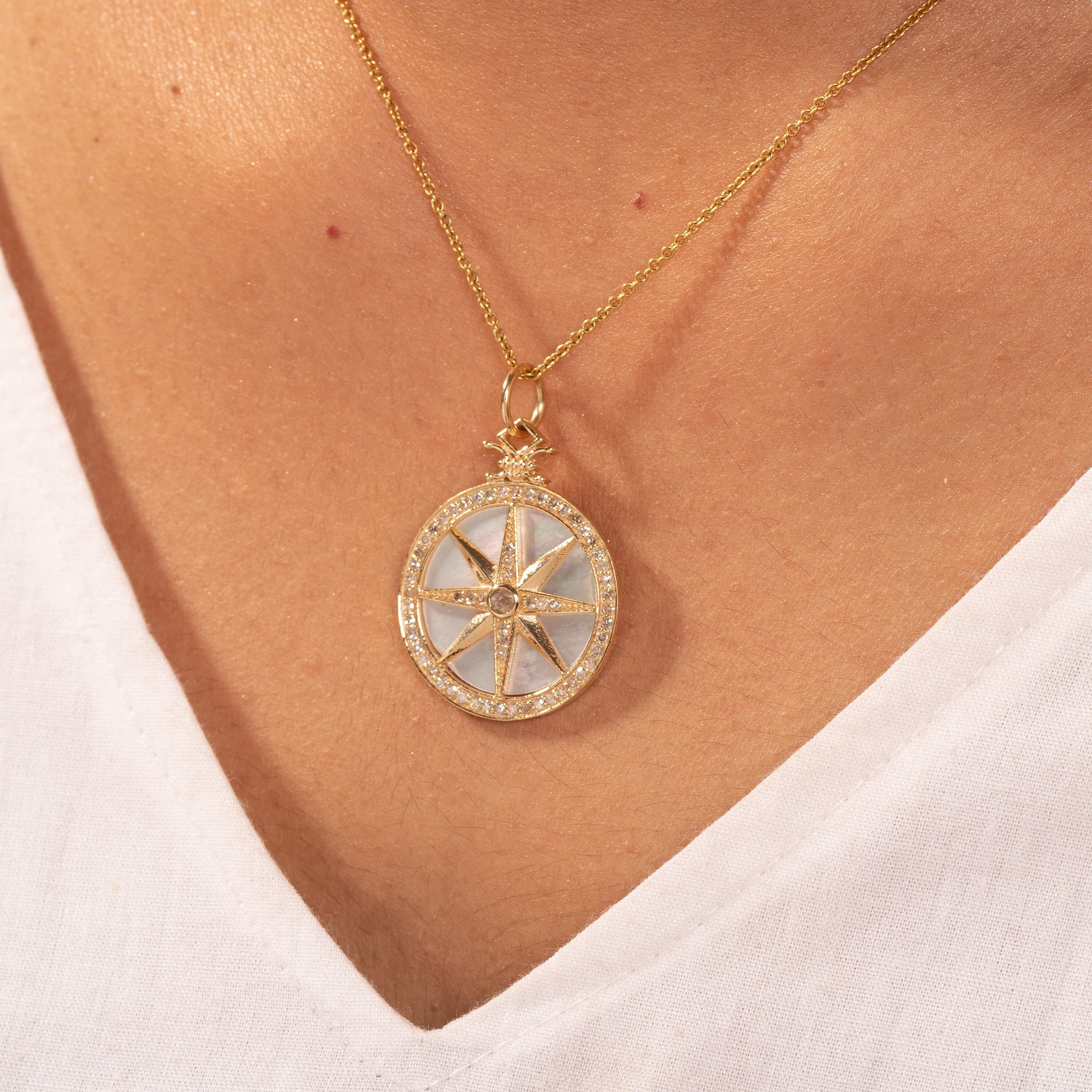 Diamond & Mother Of Pearl Pendant/14k Solid Gold/Pendant Necklace/Vintage/Antique Art Deco/Round Shape/Star Pendant/Women Pearl Pendant/Gift