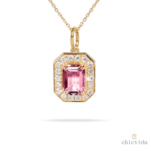 Pink Tourmaline Halo Necklace, Statement 14k Gold Diamond Pendant, Solitaire Tourmaline Gold Wedding Pendant, Anniversary Gift, Women Jewels