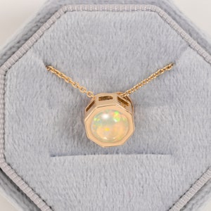 Ethiopian Opal Pendant, 14/18k Solid Gold, Floating Pendant, Unique Round Opal Necklace, Wedding Gift for Bride, Minimalist Necklace for Her