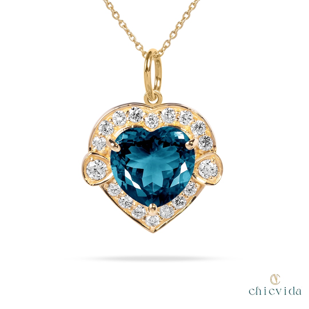 Blue Topaz Heart Pendant, 18k Solid Gold, Diamond Halo Necklace, Charm ...
