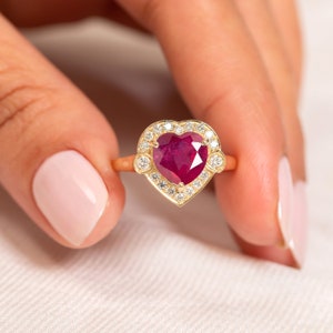 Heart Shape Ruby Engagement Ring,G-H Color Diamond Halo Ring with Genuine Ruby,14k Gold Ruby Ring,Unique Wedding Ring,Anniversary Gift