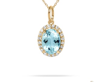 Blauer Aquamarin Halo Anhänger, 14K Oval Anhänger, Aquamarin Diamant Anhänger, Gold Minimalist Anhänger, Jubiläumsgeschenk, März Geburtstagsgeschenk