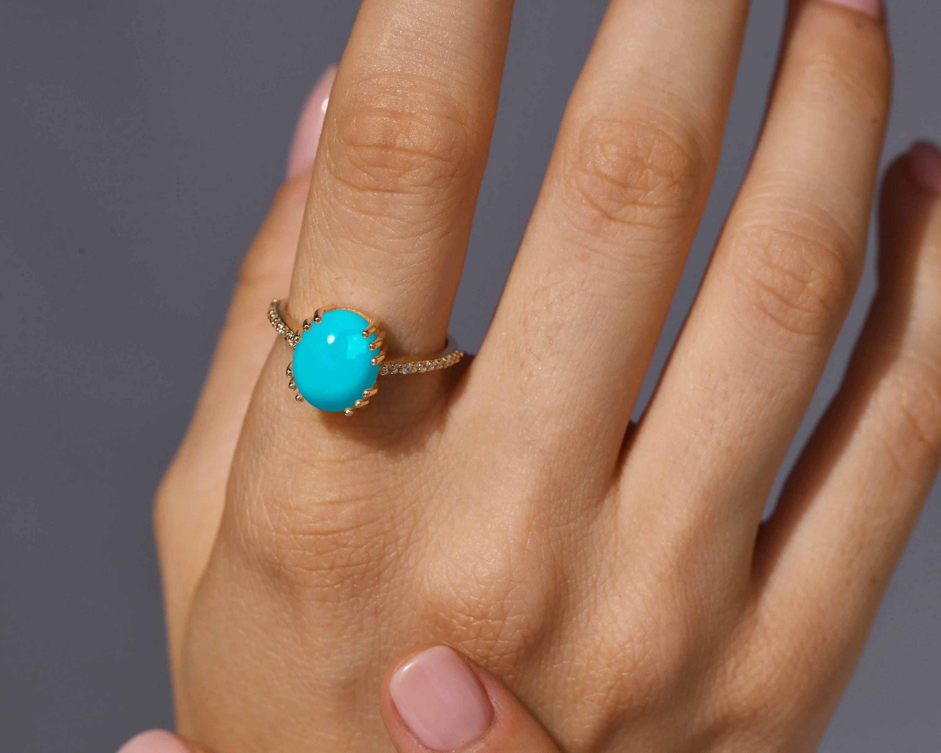 オーバルターコイズカボションリング、14Kゴールドダイヤモンド