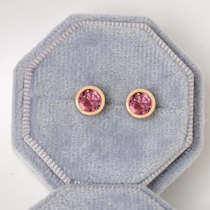Solitaire Pink Tourmaline Gold Earrings, 14k Solid Gold Studs, Natural Pink Gemstone Bezel Set Studs Earrings, Minimal Jewelry, Gift For Her