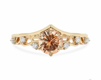 Oregon Sunstone Engagement Ring,14K Solid Gold,Accented Diamond,Tiara Diamond Ring,Sunstone Wedding Ring,Unique Proposal Ring,Handmade Ring