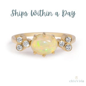 East To West Opal Engagement Ring/Bezel Set Cluster Diamond Wedding Ring/Anniversary Gift/October Birthstone/Natural Opal Oval Ring/Size 7US