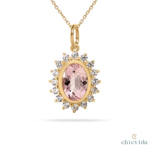 Oval Morganite Diamond Halo Pendant, 14k Yellow Gold Necklace, Pink Gemstone Jewelry, Dainty Pendant Gift for Her, Handmade Fine Jewelry