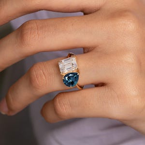 Blue Topaz You & Me Ring, Dual Birthstone Gold Ring, 18k Blue Engagement Ring, 20th Birthday Gift, Fine Jewelry, Lab Diamond Ring, Unique