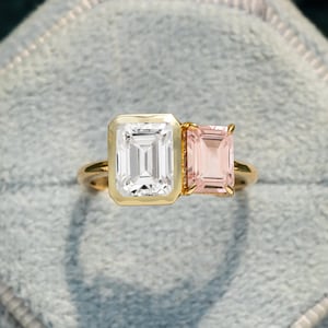 Morganite Moissanite Two Stone Ring, Emerald Cut Rose Gold Ring, You & Me Promise Ring, Statement Wedding Band, Toi Et Moi Engagement Ring