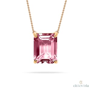 Pink Tourmaline Pendant, Emerald Cut Tourmaline Necklace, 14k Solid Gold Pendant, Solitaire Gold Pendant, Anniversary Gift,Pink Pendant Gift