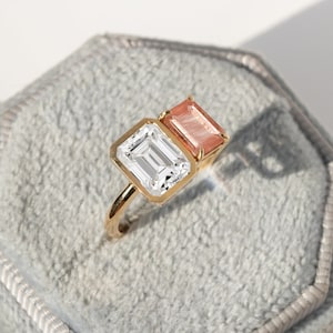 Emerald Cut Toi Et Moi Ring, Oregon Sunstone & Moissanite Birthstone Ring, 18k White Gold, Statement Two Stone Gold Ring,Wedding Bridal Gift