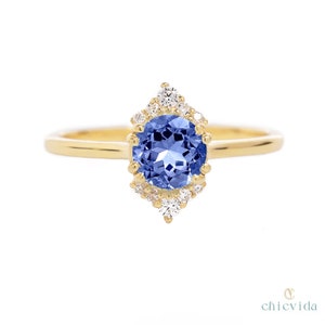 Tanzanite Diamond Halo Ring, Solid Gold Promise Ring, Round Cut Blue Engagement Ring, 14k Forever Solitaire Ring, New Mother Gift For Wife