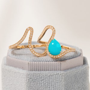 Anillo de boda solitario de turquesa, anillo de diamantes turquesa en forma de pera de 14 k, conjunto nupcial de 2 piezas para mujer, alianza curva de eternidad, joyería fina para regalo.
