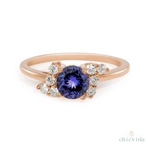 Unique Tanzanite Diamond Engagement Ring, Round Gemstone Stackable Ring, 14k Yellow Gold Cluster Ring, December Birthstone, Anniversary Gift