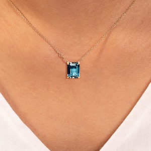 London Blue Topaz Pendant, Emerald Cut Pendant, Solitaire Blue Topaz Necklace, 14k Solid Gold, Simple Pendant, Gift For Girlfriend,Prong Set