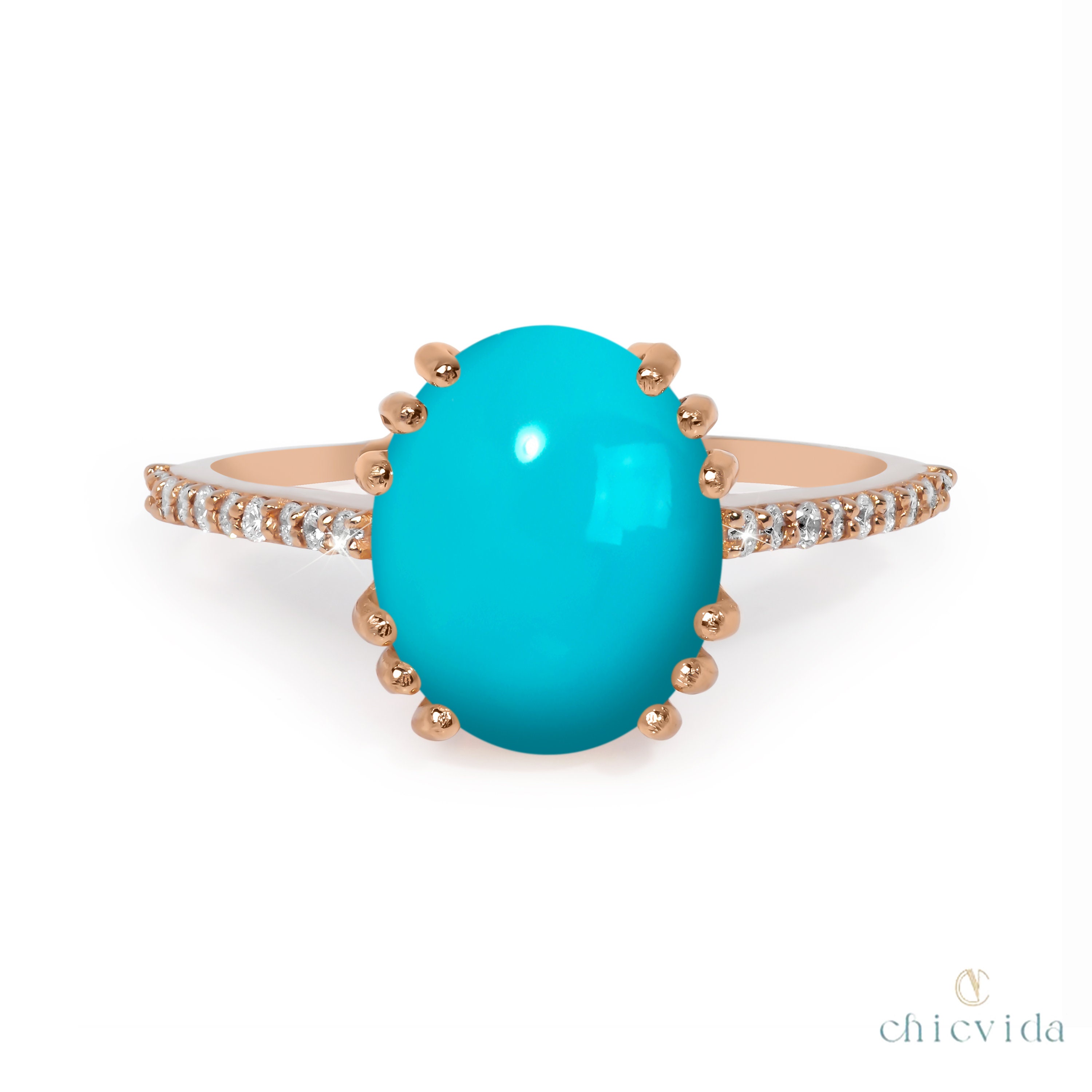 オーバルターコイズカボションリング、14Kゴールドダイヤモンド