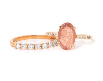 オレゴンサンストーンブライダルリングセット、18Kゴールドオーバル