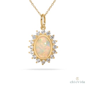 Ethiopian Opal Pendant 14K Solid Gold Halo Diamond Pendant Statement Necklace Floral Pendant Natural Gemstone Fire Opal Pendant Gift for Her