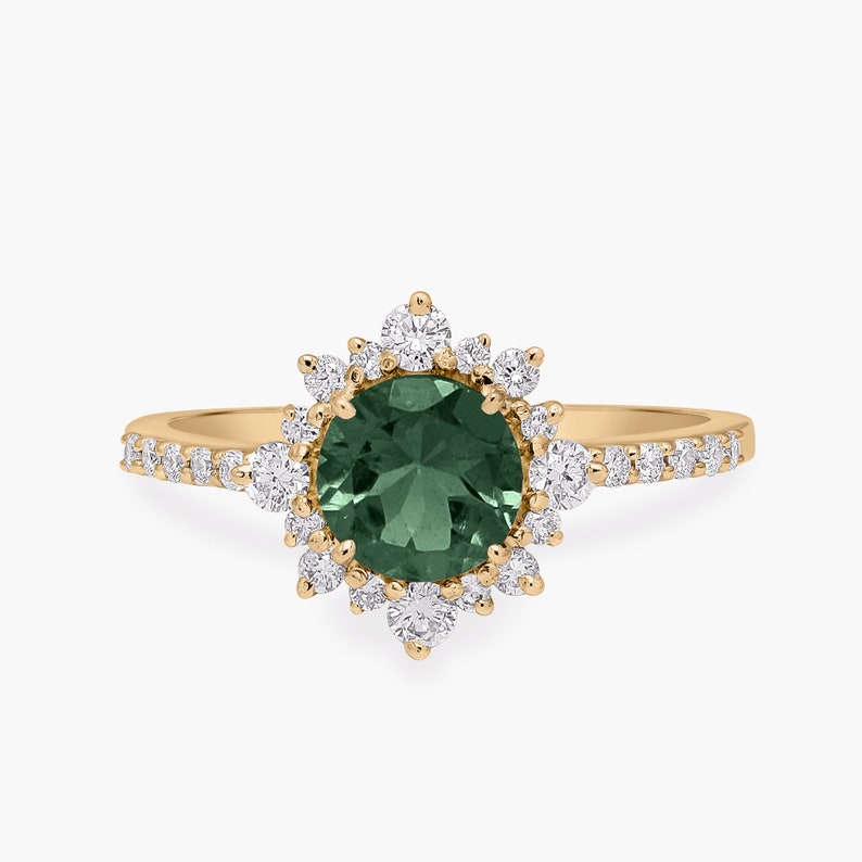 Green Tourmaline Engagement Ring With a Diamond Halo in 14K - Etsy