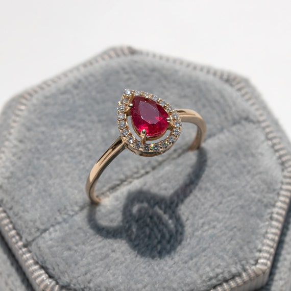 Large Pear Ruby Engagement Ring Rose Gold Halo Diamond Wedding Band | La  More Design
