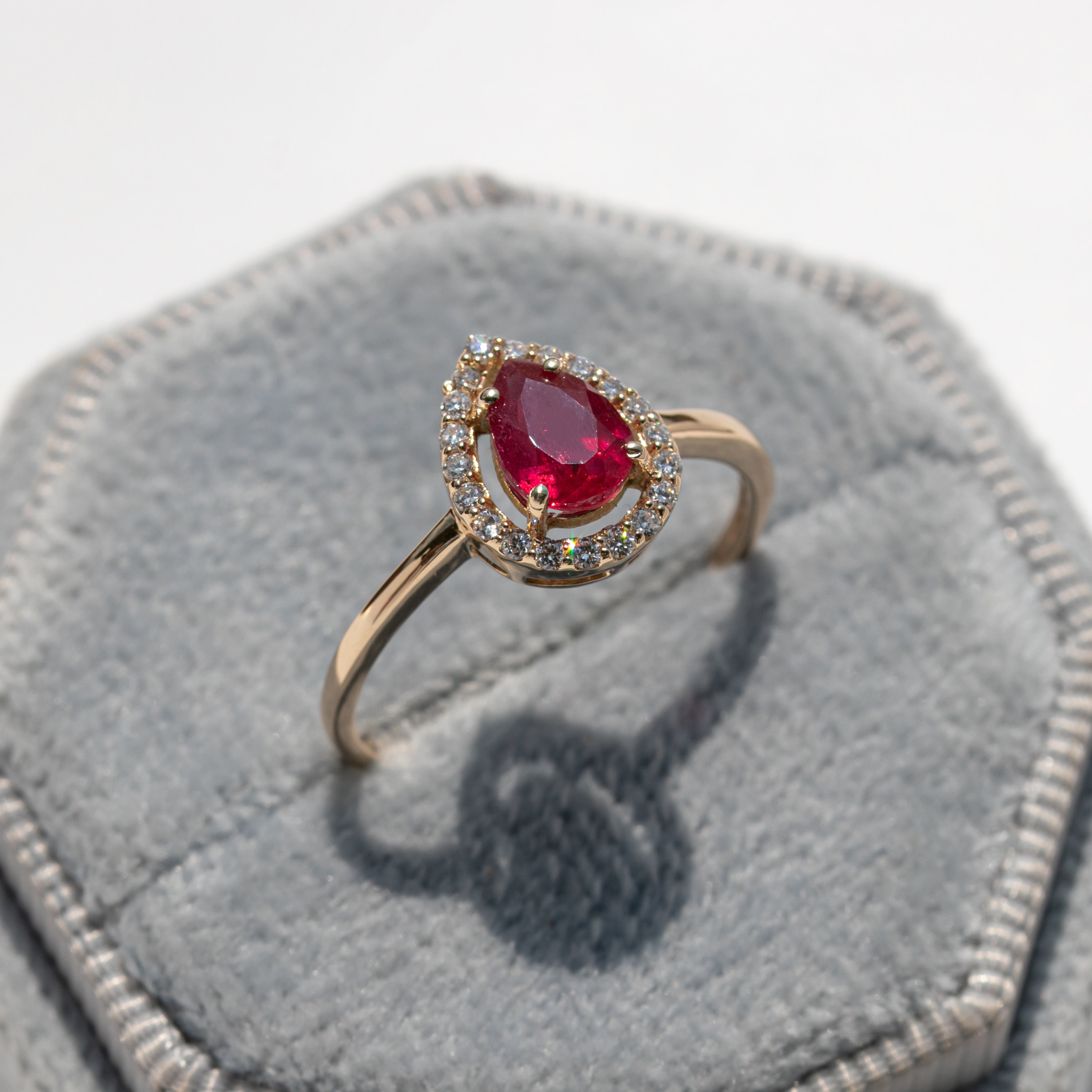 Genuine Ruby Pear Engagement Ring teardrop Wedding Halo Ring