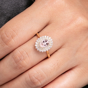 Anillo de diamantes con halo de morganita de corte ovalado, oro macizo de 14 k, joyería nupcial, anillo de cóctel para compromiso, anillo de promesa con piedra preciosa rosa, regalo de aniversario