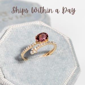 Pink Tourmaline Ring/Oval East West Ring/Diamond Accented/14k Yellow Gold/October Birthstone/Gold Wedding Ring/Unique Engagement/Bypass Ring