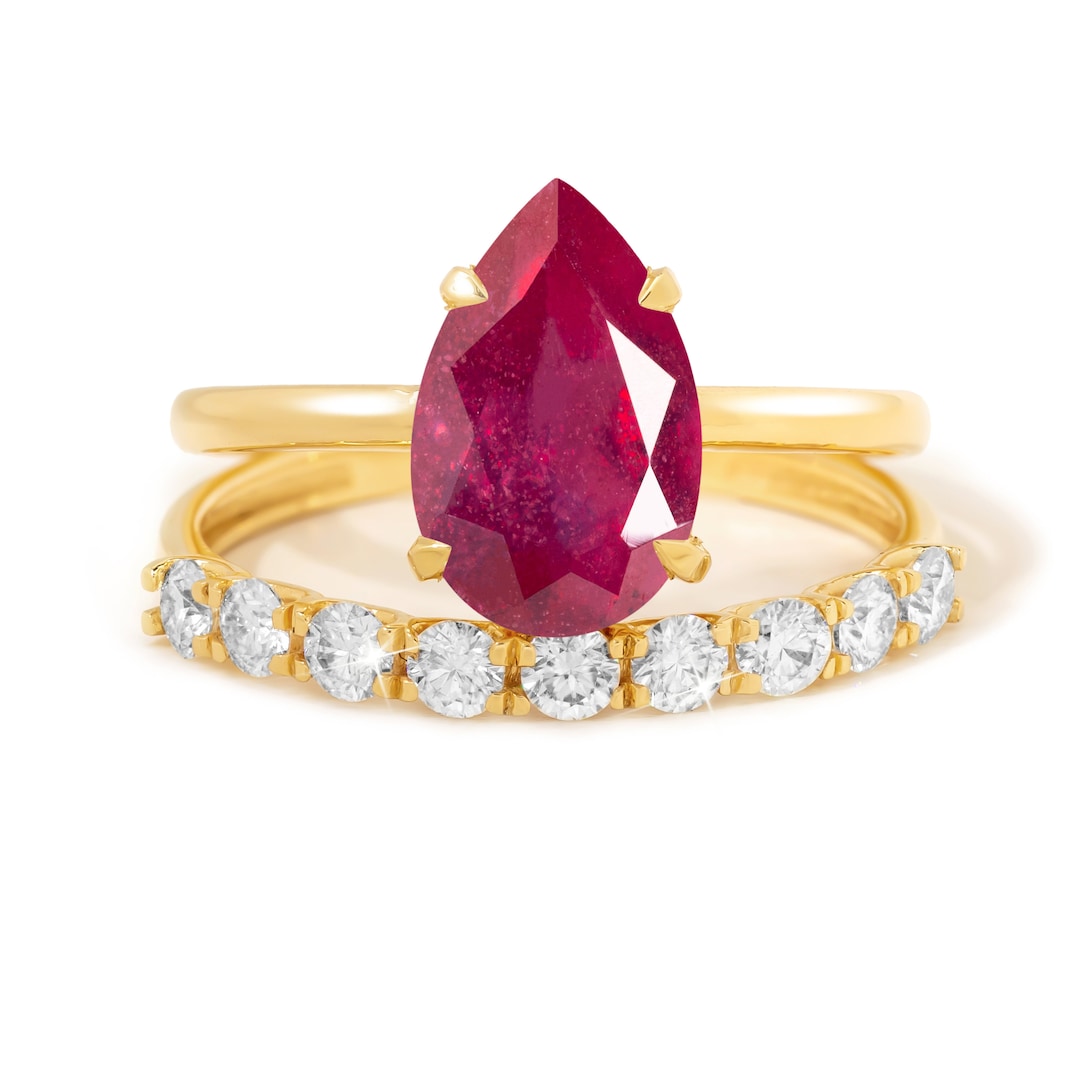 Stacking Ruby Engagement Ring With Diamond Band, Pear Ruby Ring Set in ...